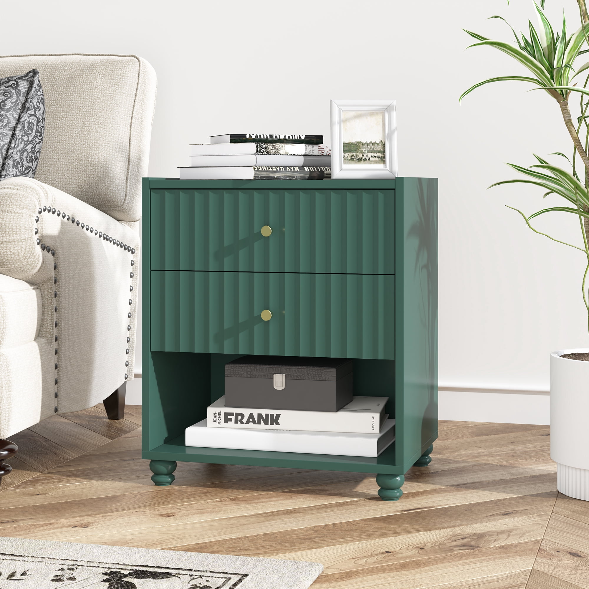 ZOSQUARE Modern Nightstand, Green Fluted Bedside Table with 2 Drawers and Open Shelf, End Tables with Gold Knobs for Bedroom, Living Room