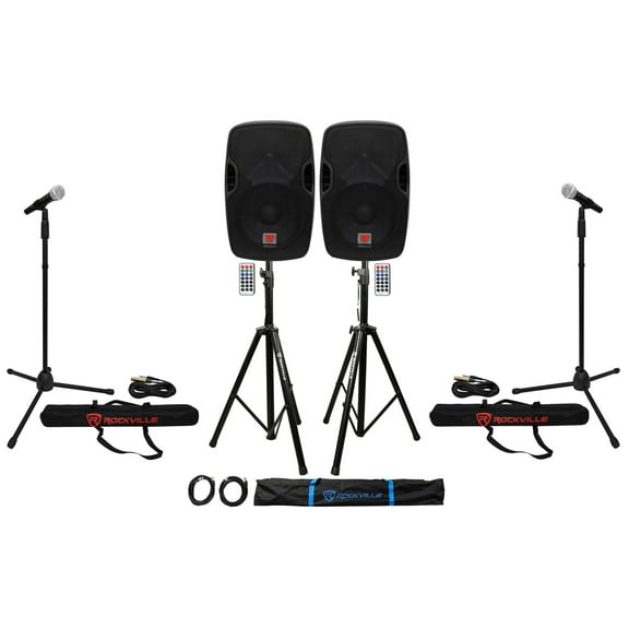 (2) Rockville BPA12 12" Pro Active 600w DJ PA Speaker w Bluetooth Stands Mics
