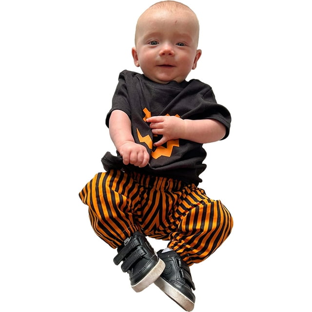 FOCUSNORM Baby Halloween Outfits Newborn Pumpkin Face Long Sleeve Round Neck Sweatshirt and Striped Pants Set Infant Suits