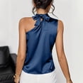 thumbnail image 5 of Women One Shoulder Tops Satin Silk Bow Tie Mock Neck Sleeveless Pleated Tunic Blouse Elegant Casual Clothes (XL, Navy), 5 of 5
