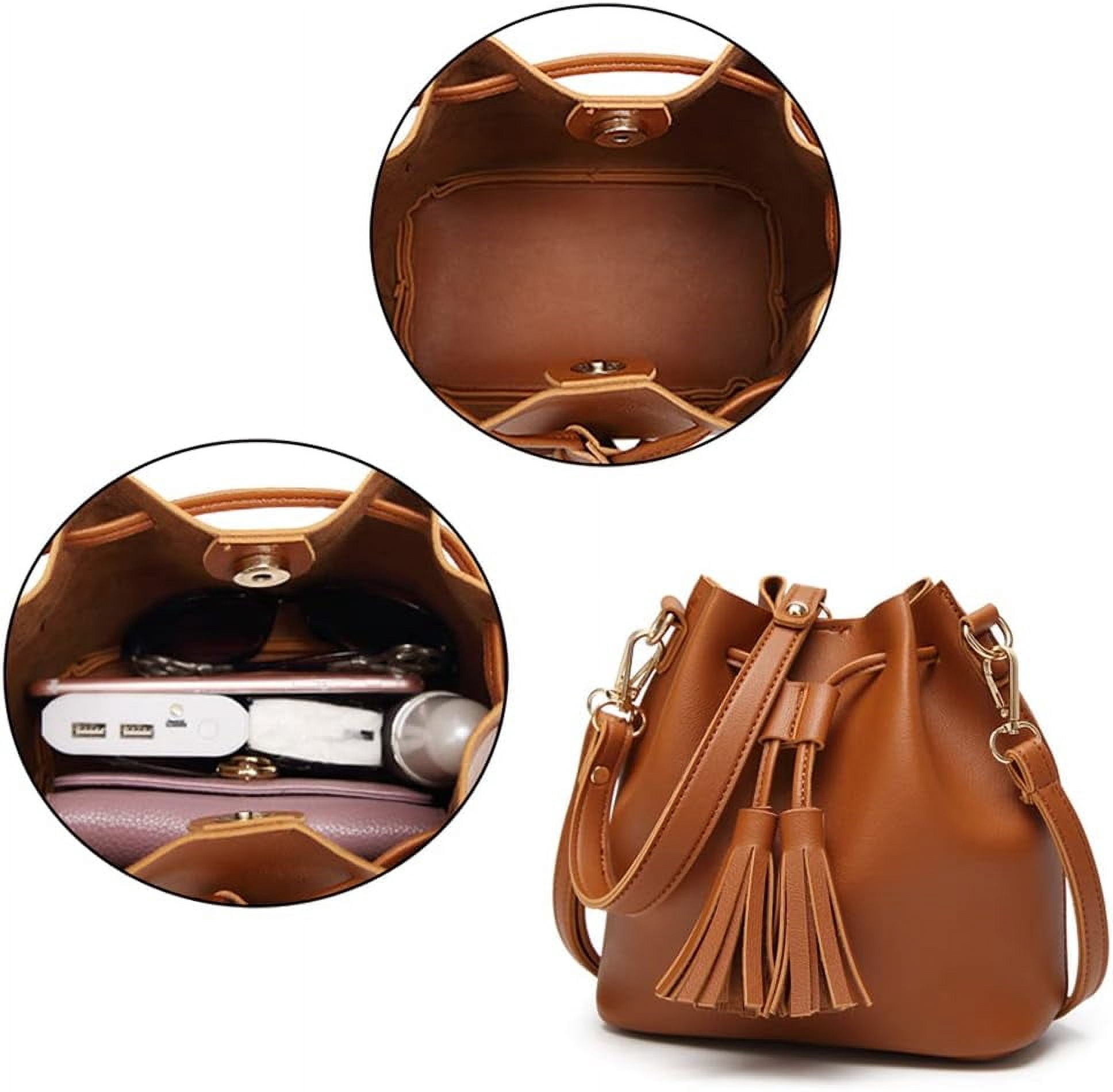 HMSHA Womens Mini Bucket Bag Leather Drawstring Handbag Tassel Shoulder Purse Retro Crossbody Wallet with Adjustable Straps