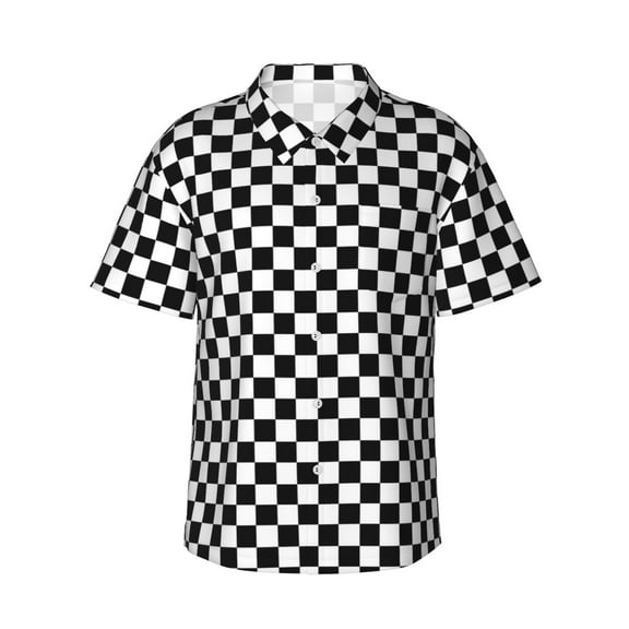Checkerboard-Black & White Hawaiian Shirts For Men, Summer Short-Sleeve Relaxed-Fit Button-Down Shirts Small