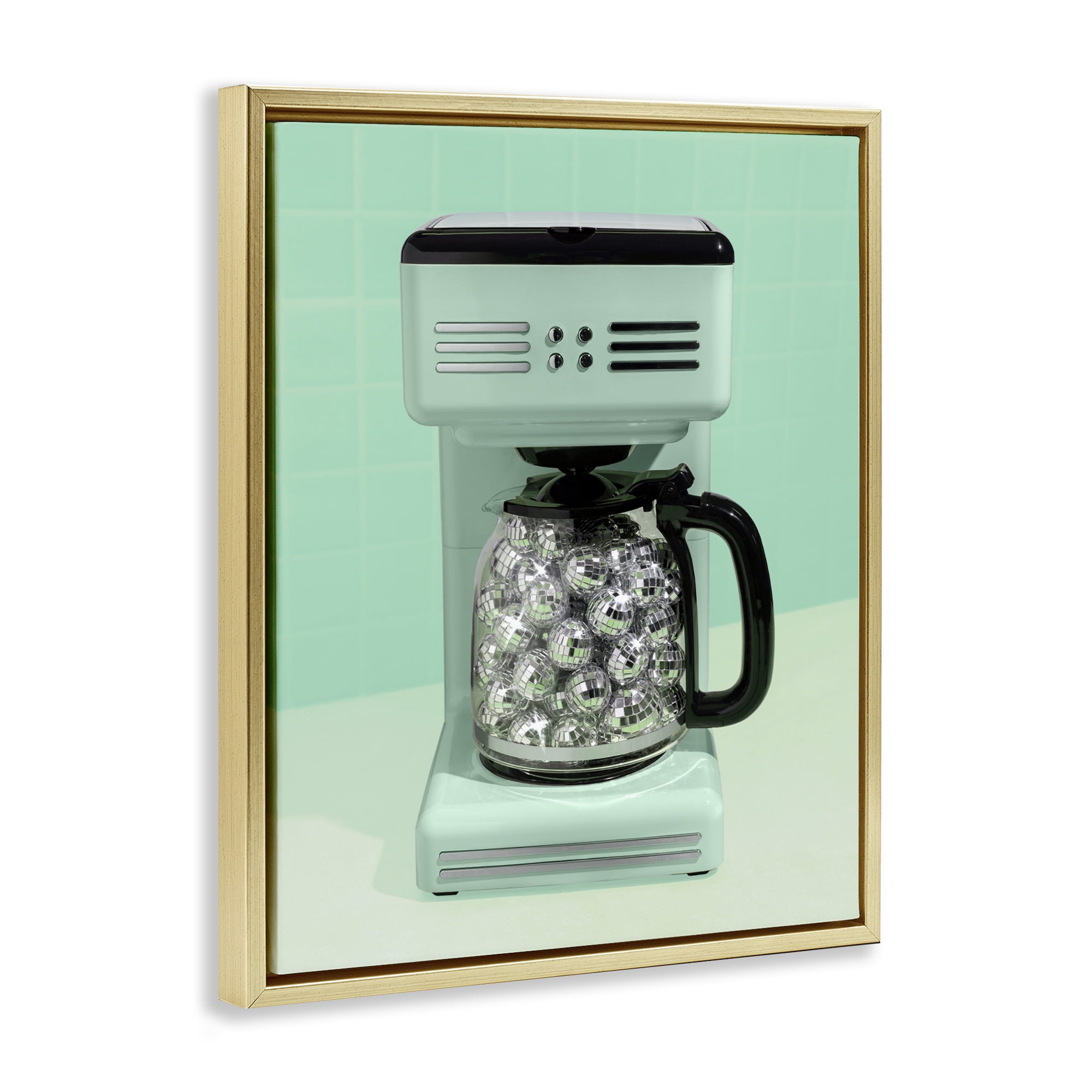 Stupell Industries Disco Coffee Maker over Green Gold Framed Floater Canvas Wall Art, design by LISH Creative
