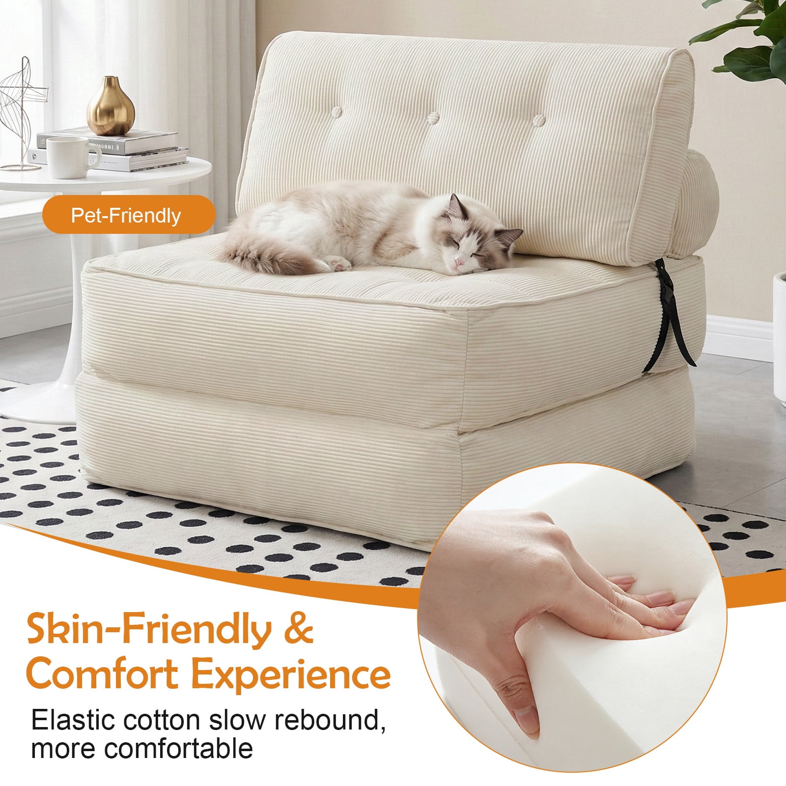 CATGOOD 78" Single Sofa Bed with Pillow, Convertible Sleeper Sofa for Small Spaces, Portable Boneless Small Couch Comfy Floor Sofa Lounge Chair for Living Room, Bedroom, Beige, White