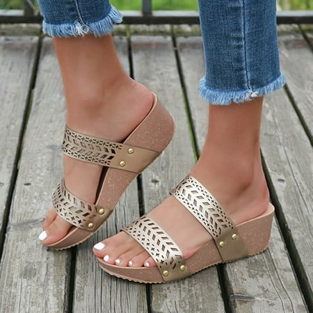 

〖Yilirongyumm〗 Gold 39 Slippers For Women Summer Wedges Shoes Peep Toe Slipper Hollow Carved Beach Leisure Slipper