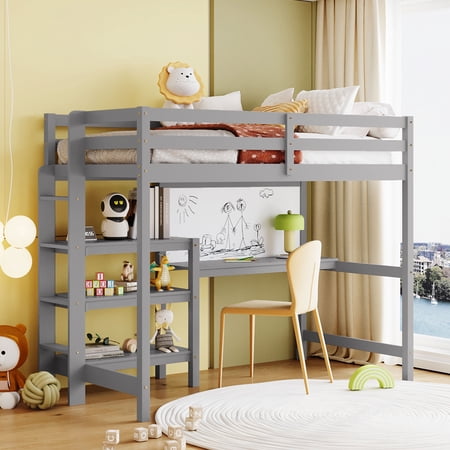 Royard Oaktree Twin Size Loft Bed with Built-in Desk Shelves and Writing Board Wooden Loft Bed Frame with Guardrail and Ladder, No Box Spring Needed, Gray