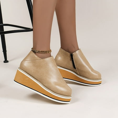 

Zunfeo Women Ankle-High Boots- Retro Flat Bottom Shoes Casual Boots Plus Slip On Double Zipper Shoes Beige 6