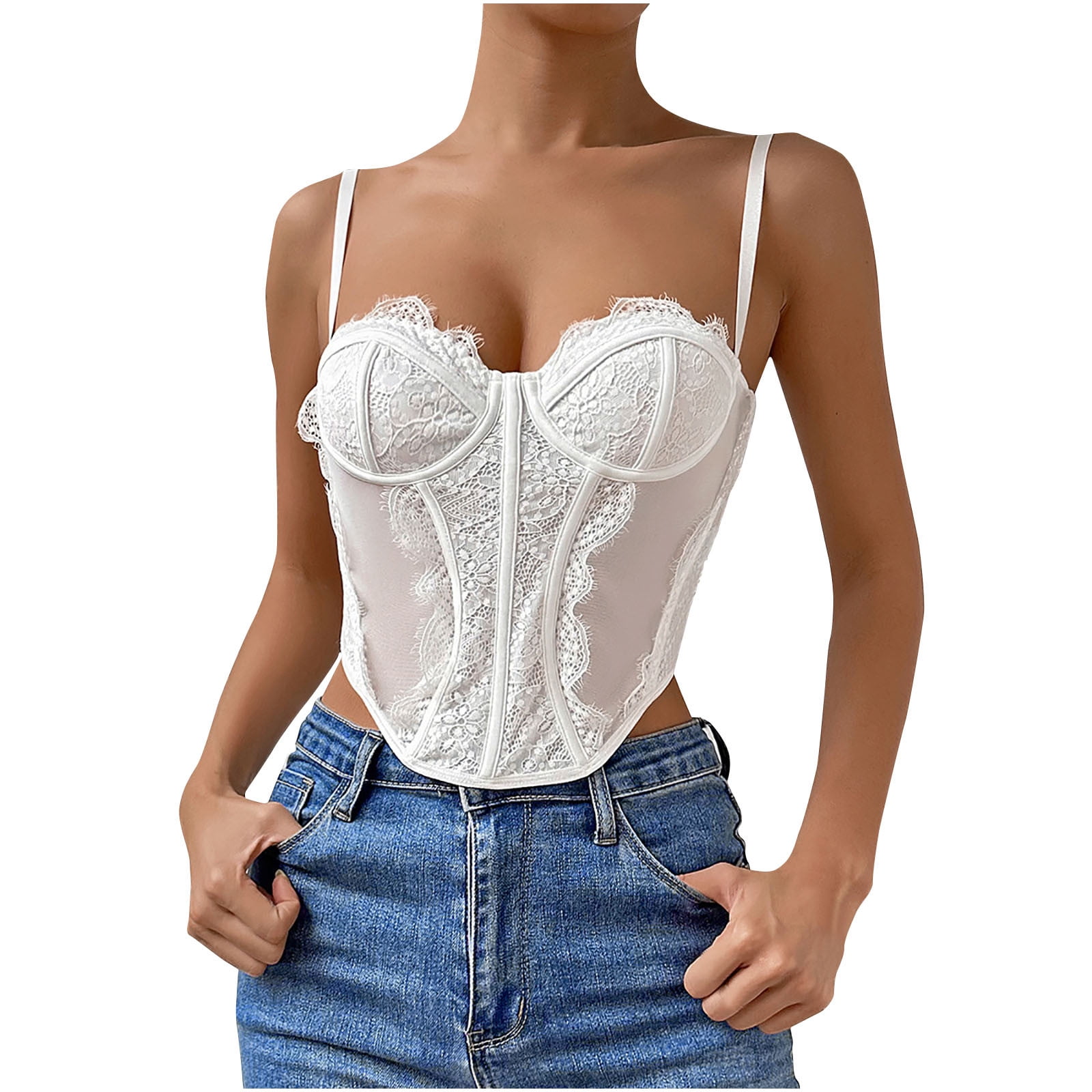 Womens Lace Mesh Sexy Corset Top Going Out Spaghetti Strap Bustier Fashion  Vintage Night Out Cami Crop Tops