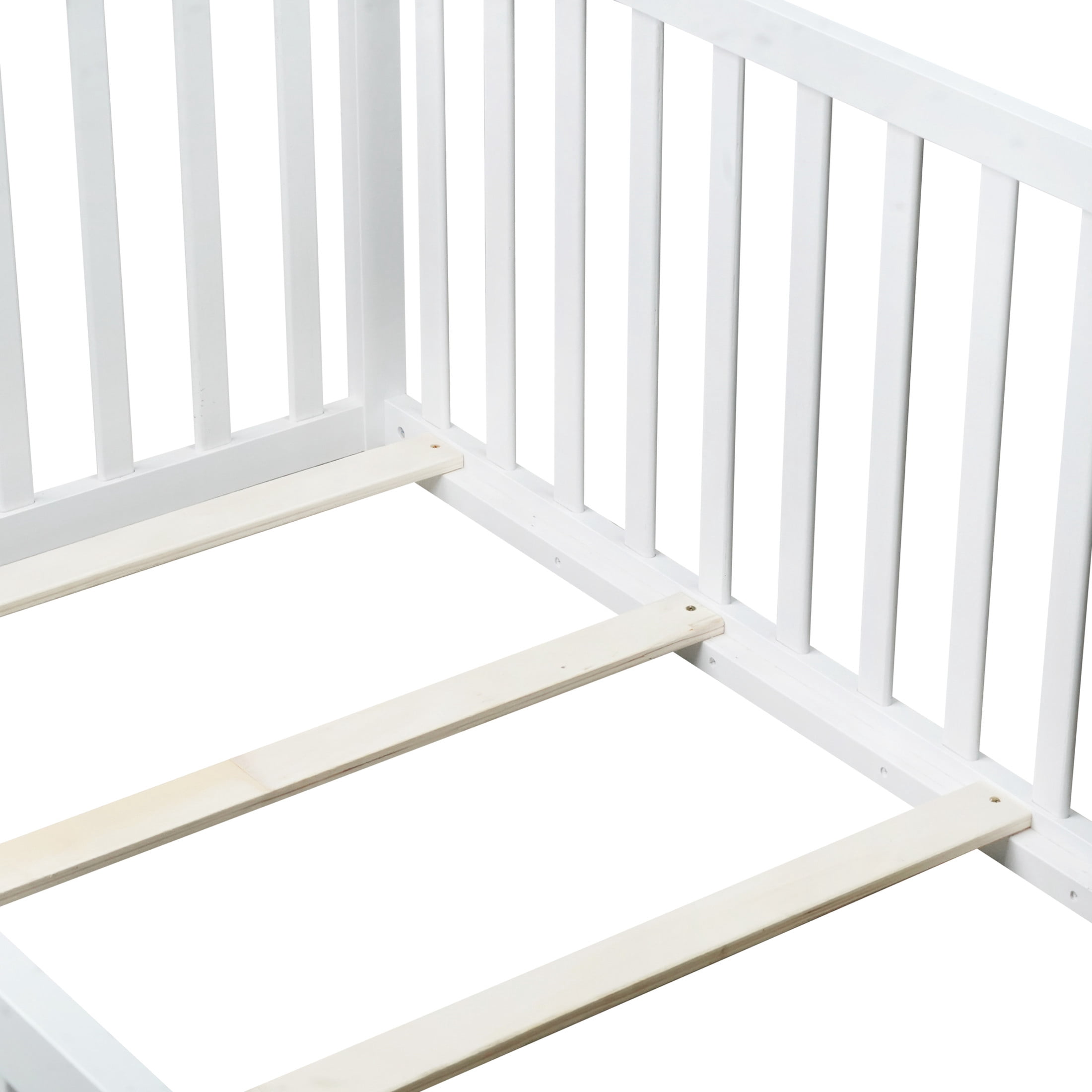 Noble House Alista Twin Size Rubber Wooden Floor Bed with High Safety Fence Guardrails and Door, White