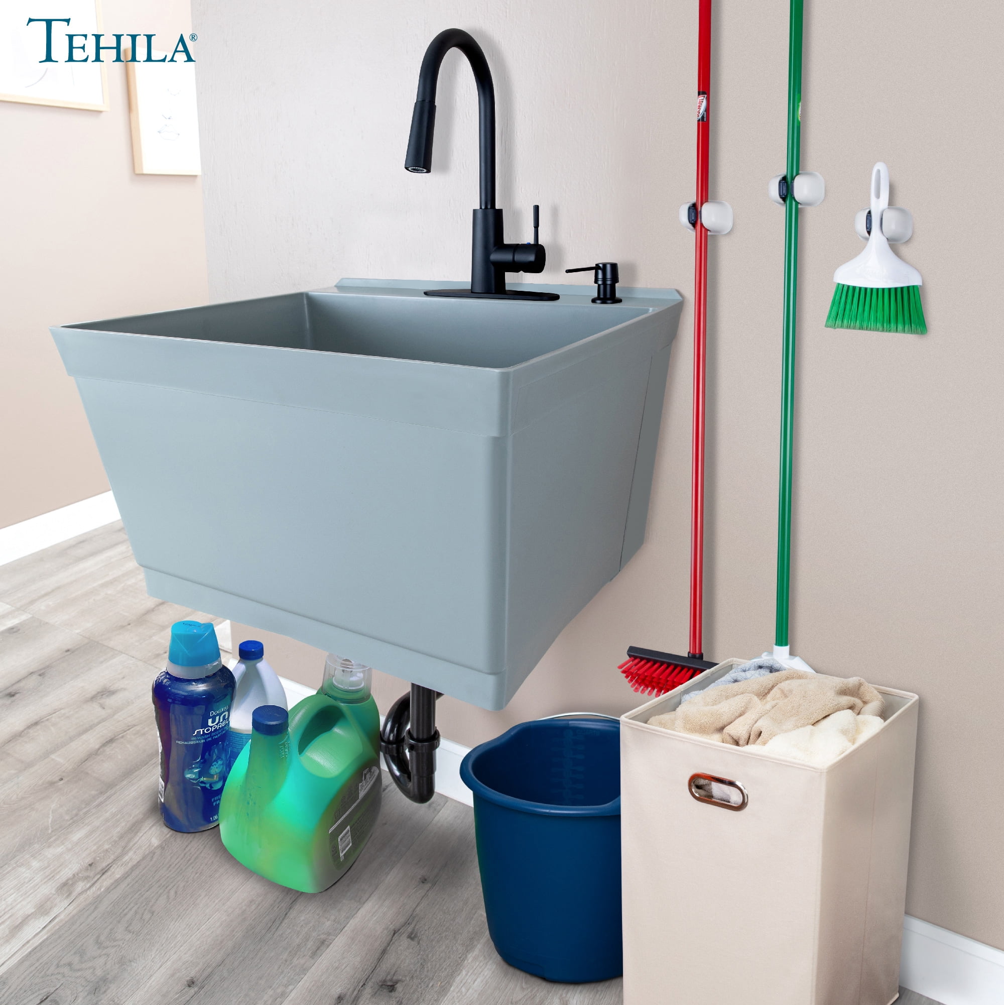 Tehila Gray Wall-Mounted Utility Sink with Matte Black Pull-Down Faucet