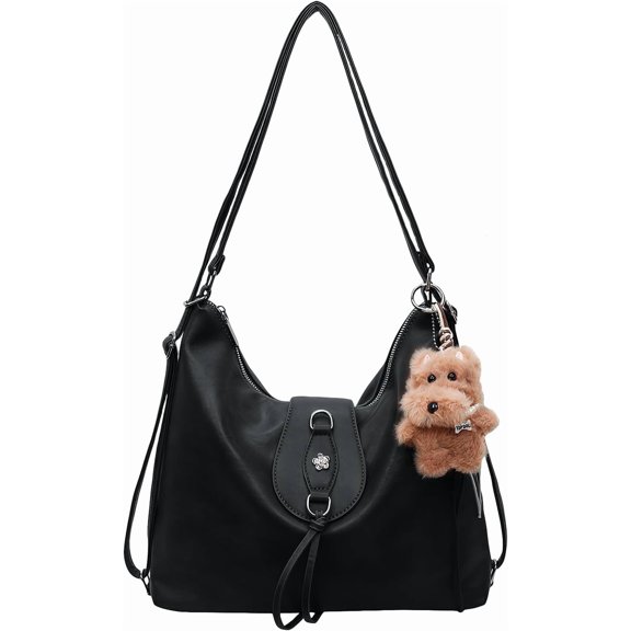 Sunyuer Women Vintage Soft PU Leather Hobo Bag, 3-in-1 Convertible Shoulder Crossbody Backpack Purse, Large Capacity Casual Commuter Tote Handbag with Cute Bear Charm