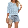 thumbnail image 3 of Women's Short Sleeve Loose Tunic Tops Crochet Knit Sweaters Blouses Blouse Top for Summer Casual Light Blue S, 3 of 8