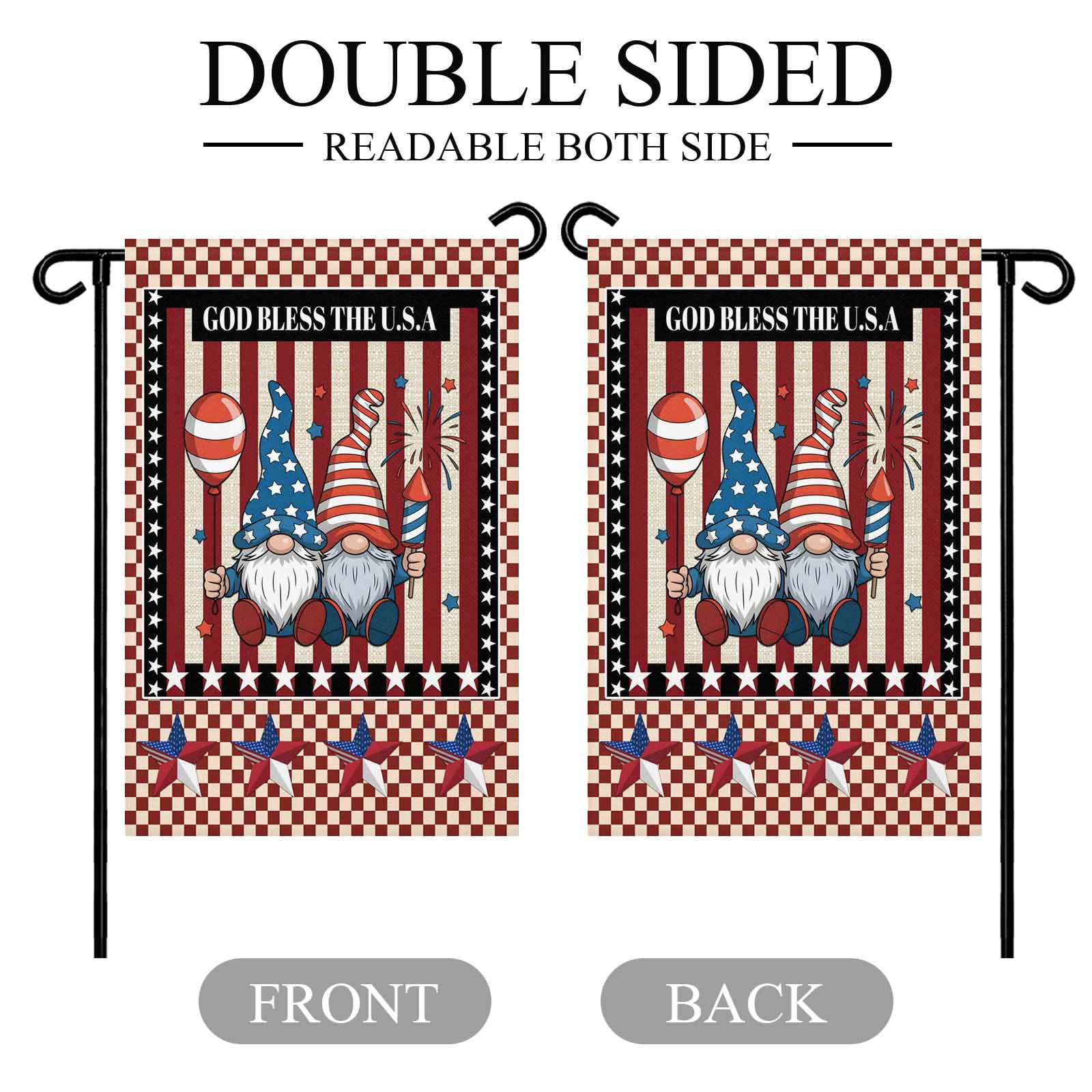 4th of July Garden Flags Patriotic Stars Stripes Garden Flag Double Sided Welcome Flag Gnomes God Bless USA Independence Day Yard Flags for Outdoor Lawn Porch Memorial Day Holiday Decor 28x40 Inch