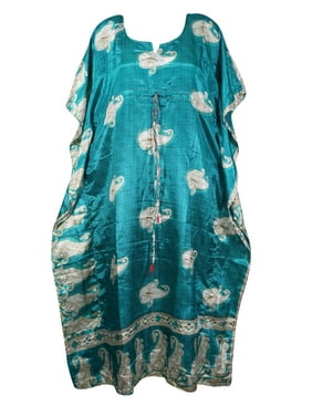 Mogul Women Maxi Beach Kaftan Dress Recycle Sari Blue Printed Bikini Cover up Loose Dresses 2XL