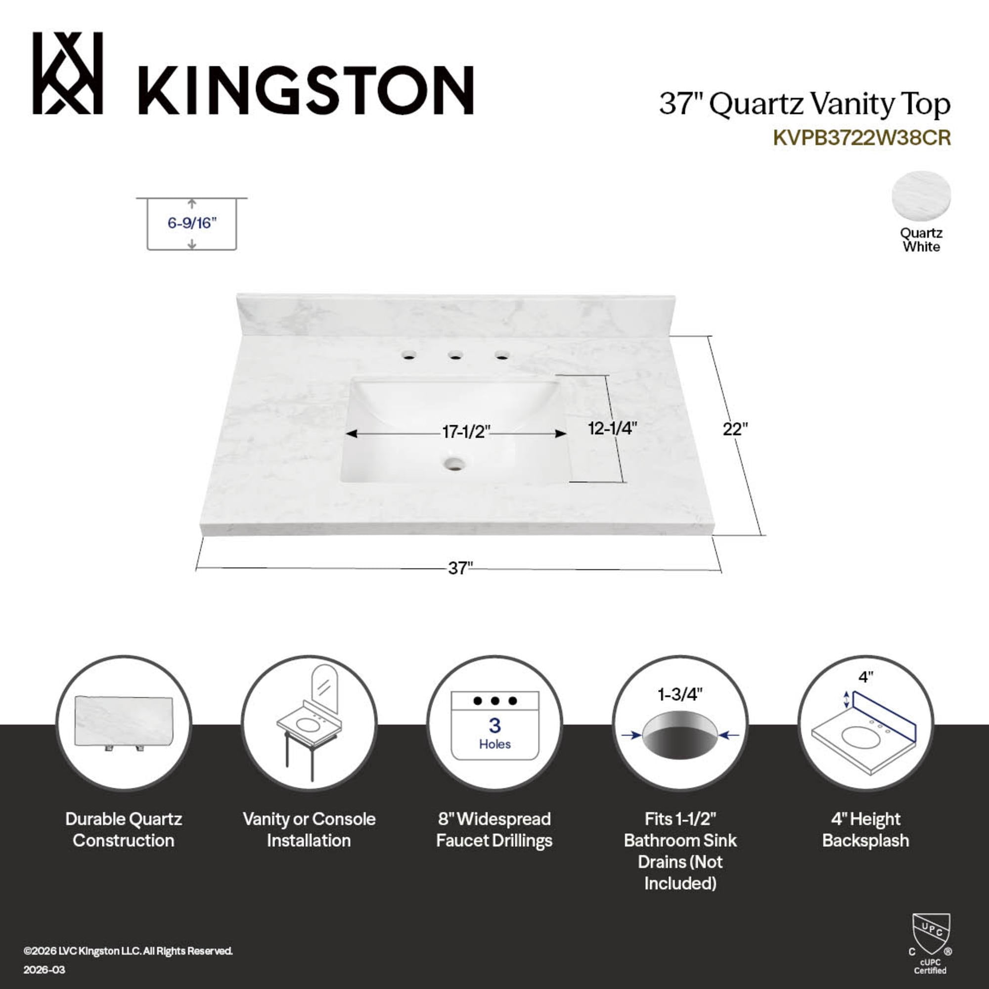 Kingston Brass KVPB3722W38CR Ferrara 37-Inch Quartz Vanity Top (8" Faucet Drillings) in Quartz White