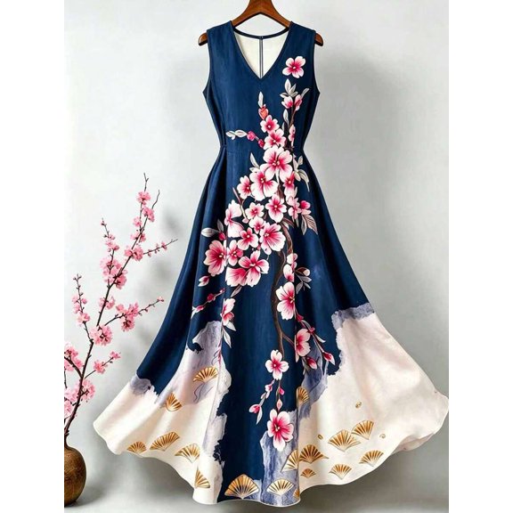 Womens Multicolor-3 Floral Print Sleeveless V-Neck Maxi Dress