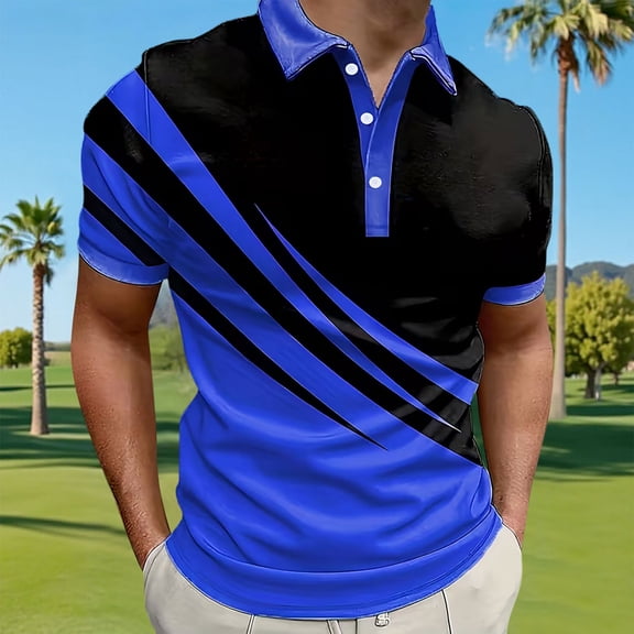 BRGZLK Mens Golf Shirt Summer Trendy Print Short Sleeve Turn-Down Collar Pullover Casual Business T-Shirts Lightweight Breathable Tennis Shirts Blue M