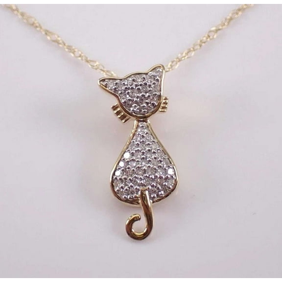 1Ct Simulated Diamond 925 Silver Cat Pendant 14K Two-Tone Gold Plated