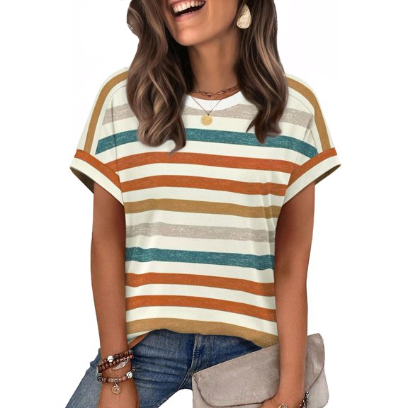 Women's Short Sleeve Shirts Outfits Stripe Dressy Clothes Tops for Casual Summer Orange S