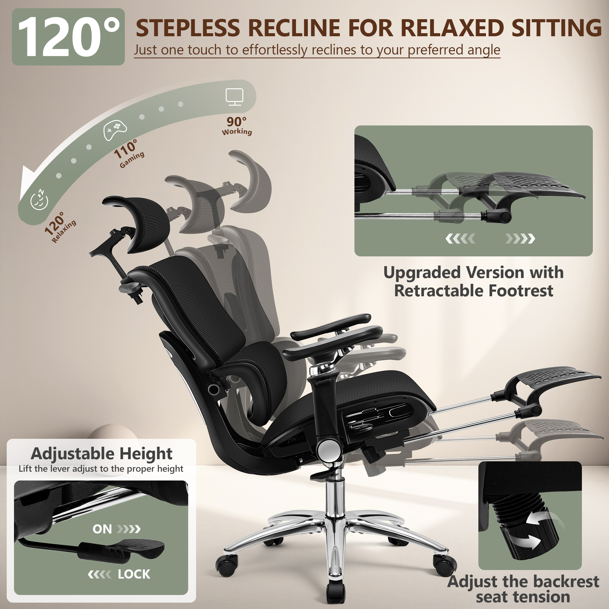 COOLHUT Ergonomic Mesh Office Chair with Footrest, Big and Tall Computer Desk Chair with Adjustable 6D Armrest, Lumbar Support and Headrest High Back Home Office Chair for Workspace, Gaming, Black