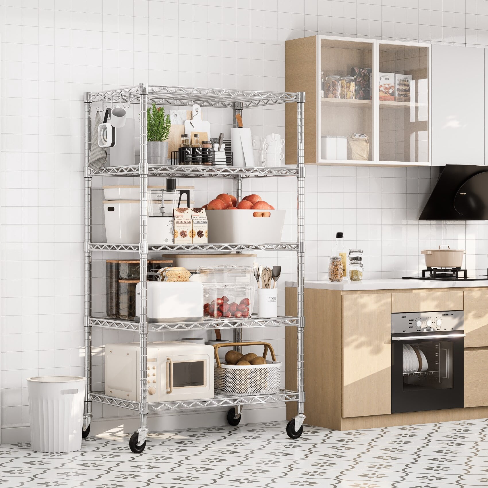 Prilinex 5 Tier Wire Shelving with Wheels 24"W x 18"D x 75"H Steel Storage Shelves, Adjustable Garage Shelves Organizer, Pantry Rack Rolling Metal Shelf 24"W x 18"D x 72"H, Chrome