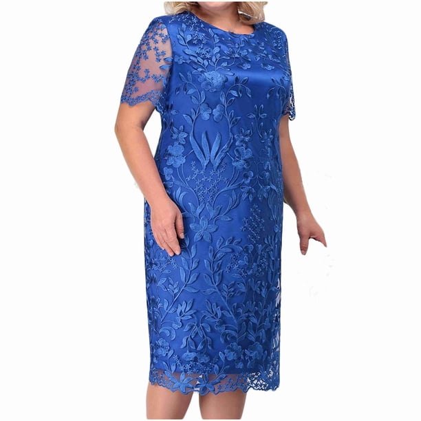 Umfun - Vestidos formales para mujer, tallas grandes, informales, con cuello en V, encaje estampado, malla, para dama de honor, invitada de boda, noche, azul, L
