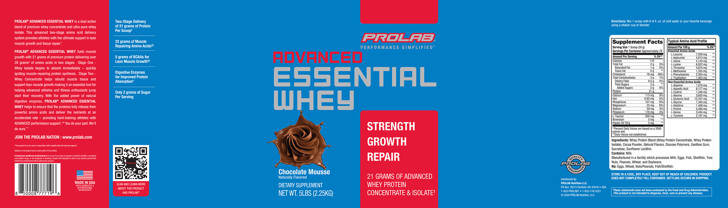 Prolab Nutrition Advanced Essential Whey Protein Powder – Chocolate Mousse, 5lb Tub, 21g Protein, 5g BCAAs, 1g Sugar