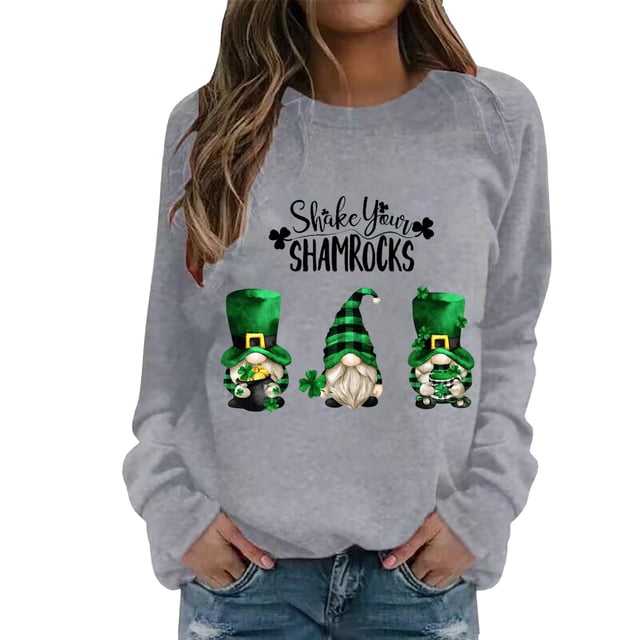 Bmisegm Sweat à Capuche Décontracté pour Femmes, Col Rond avec Manches, Imprimé Partiel de Quatre Feuilles, Gris m