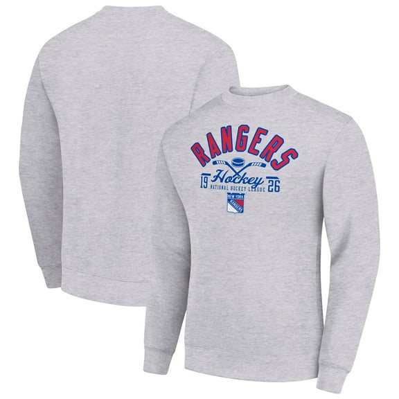 Men's Starter Heather Gray New York Rangers Stick And Puck Logo Fleece Pullover Sweatshirt