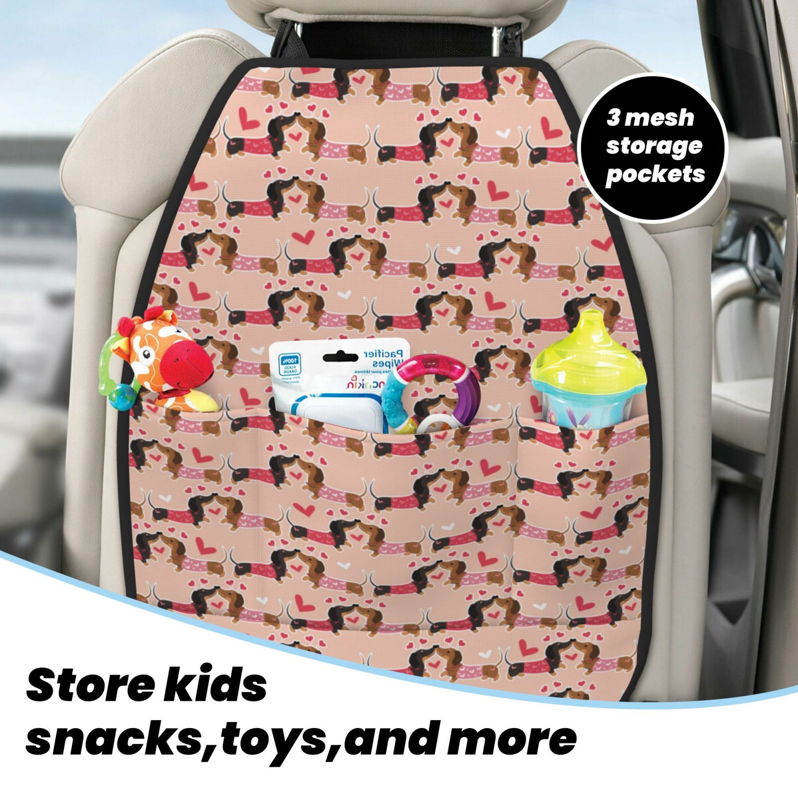 Kdxio Dachshund Couple Print 2 Pack Car Kick Mat Seat Cover Back Protector Mat with Pockets for Organizer Backseat Protector and Storage Anti Kick Pad for Vehicles