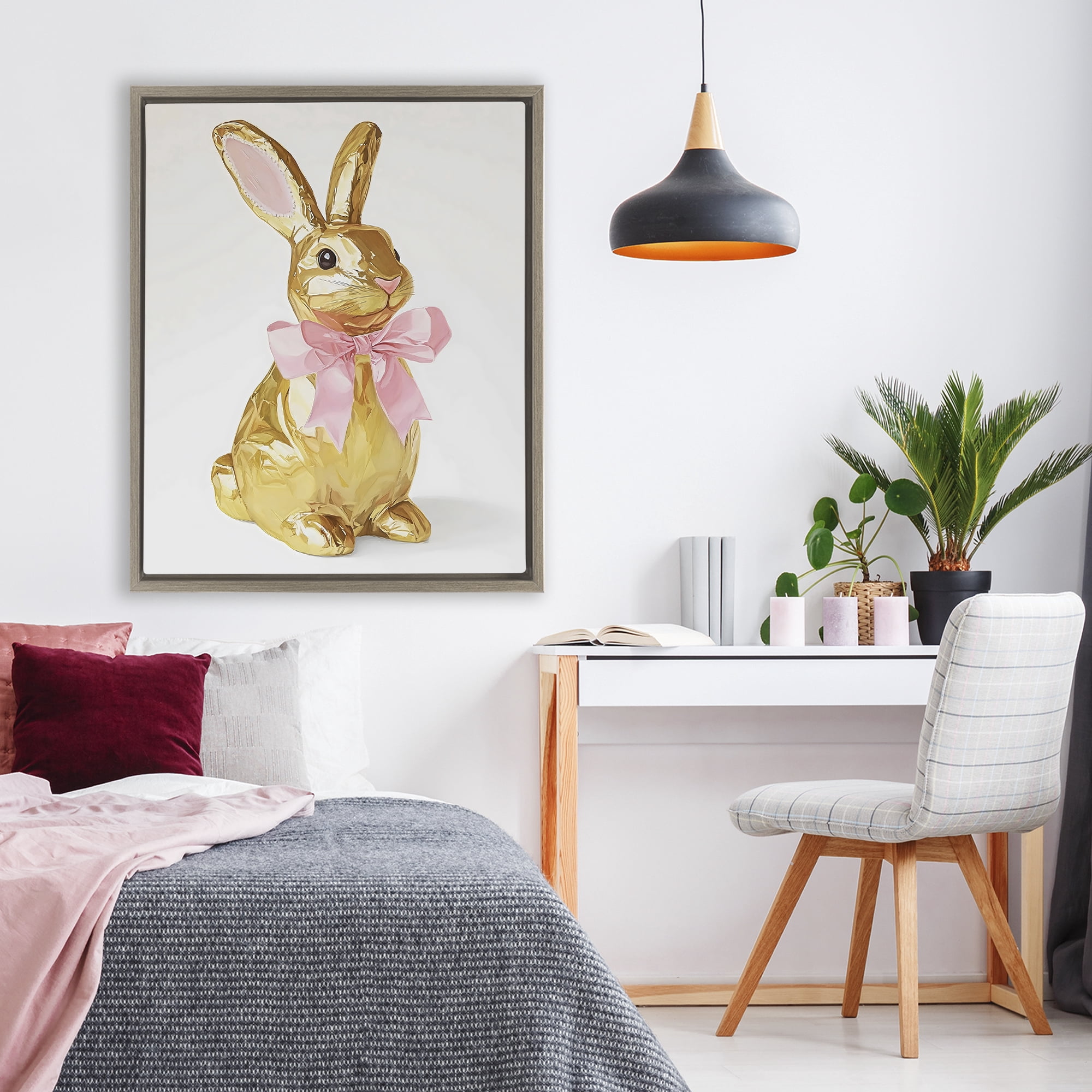 Stupell Industries Golden Easter Bunny with Ribbon Brown Framed Floater Canvas Wall Art, design by The Prints Vibe