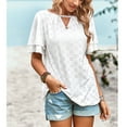 thumbnail image 2 of Women V Neck Top Ruffled Sleeves Hollow Out Lace Stitching Loose Type Casual T Shirt for Summer White M, 2 of 6