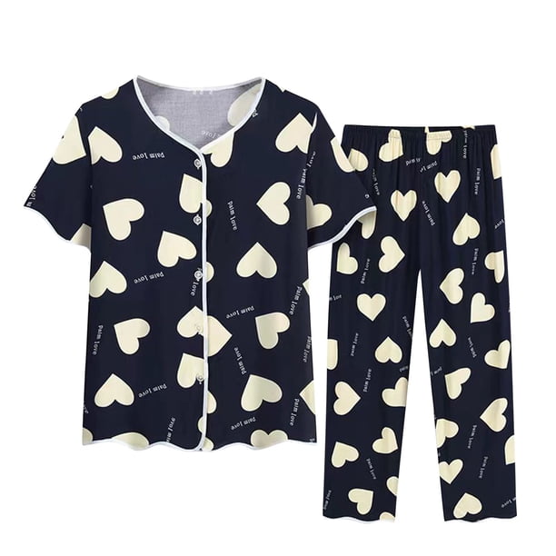 Conjunto de Dos Piezas para las Mujeres de Verano Casual Manga Corta Cuello Redondo Y Pantalones, Algodón Seda Pijama Conjunto