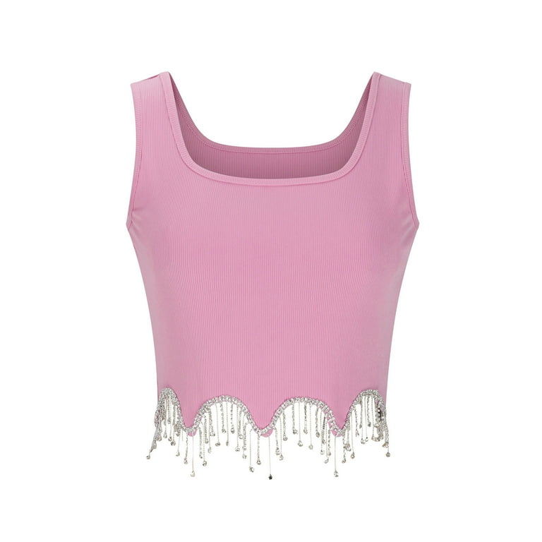 RYRJJ Womens Sparkly Rhinestone Fringe Sleeveless Crop Tops