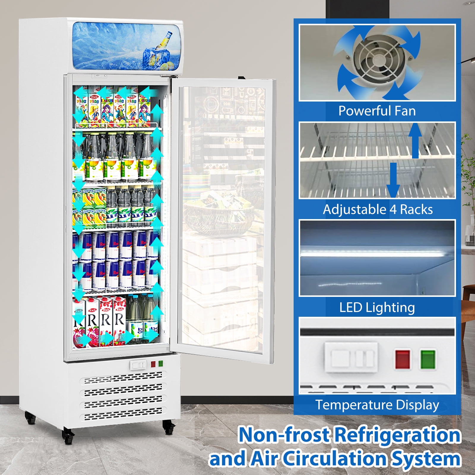 Commercial Beverage Refrigerator, 22 Inch 11.3 Cu. Ft. Drink Fridge, Display Refrigerator with Glass Door, Commercial Display Fridge with 4 Adjustable Shelves, for Shops, Restaurants, Bars