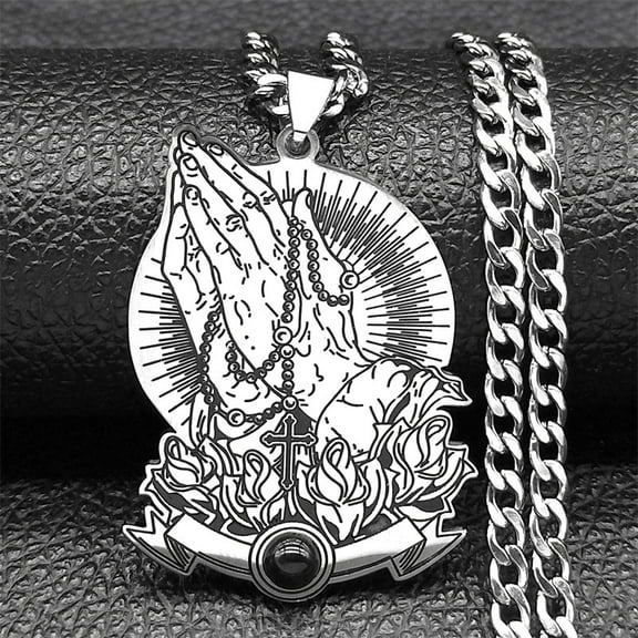 Religious Hands Cross Prayer Rosary 14K White Gold Pendant Necklaces for Women Men Silver Color Amulet Charm Chain Jewelry