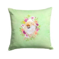 Pomeranian #2 Green Flowers Fabric Decorative Pillow
