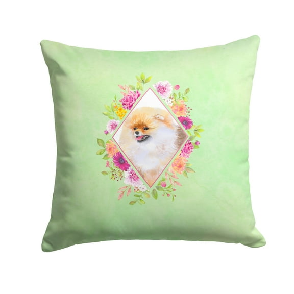 Pomeranian #2 Green Flowers Fabric Decorative Pillow