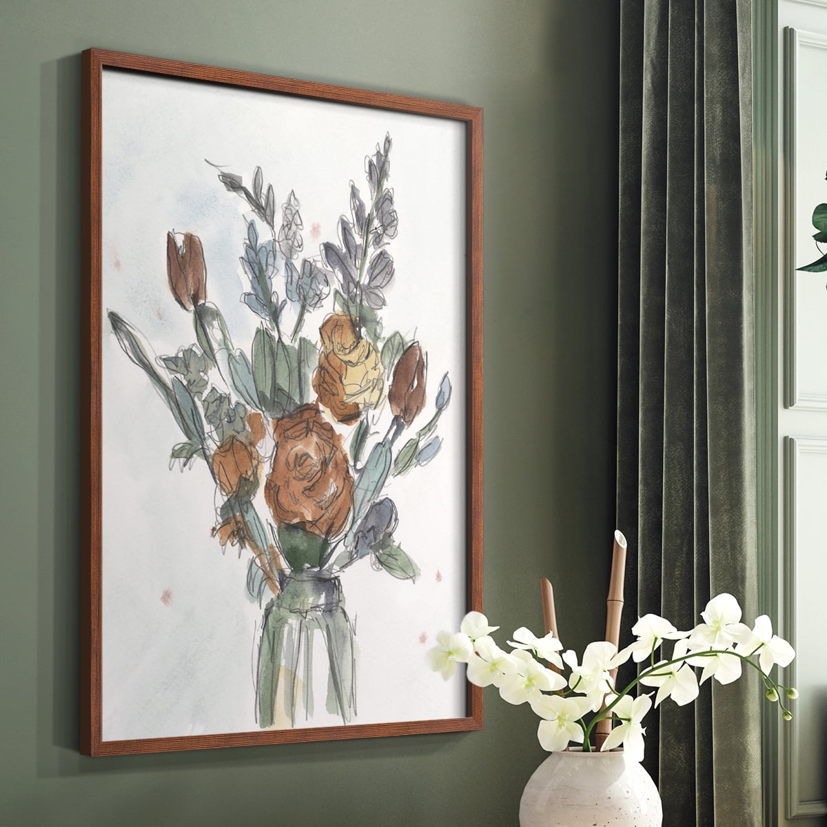 Watercolor Floral Arrangement II Framed Print in Brown Solid Wood 11 x 14 Framed Print
