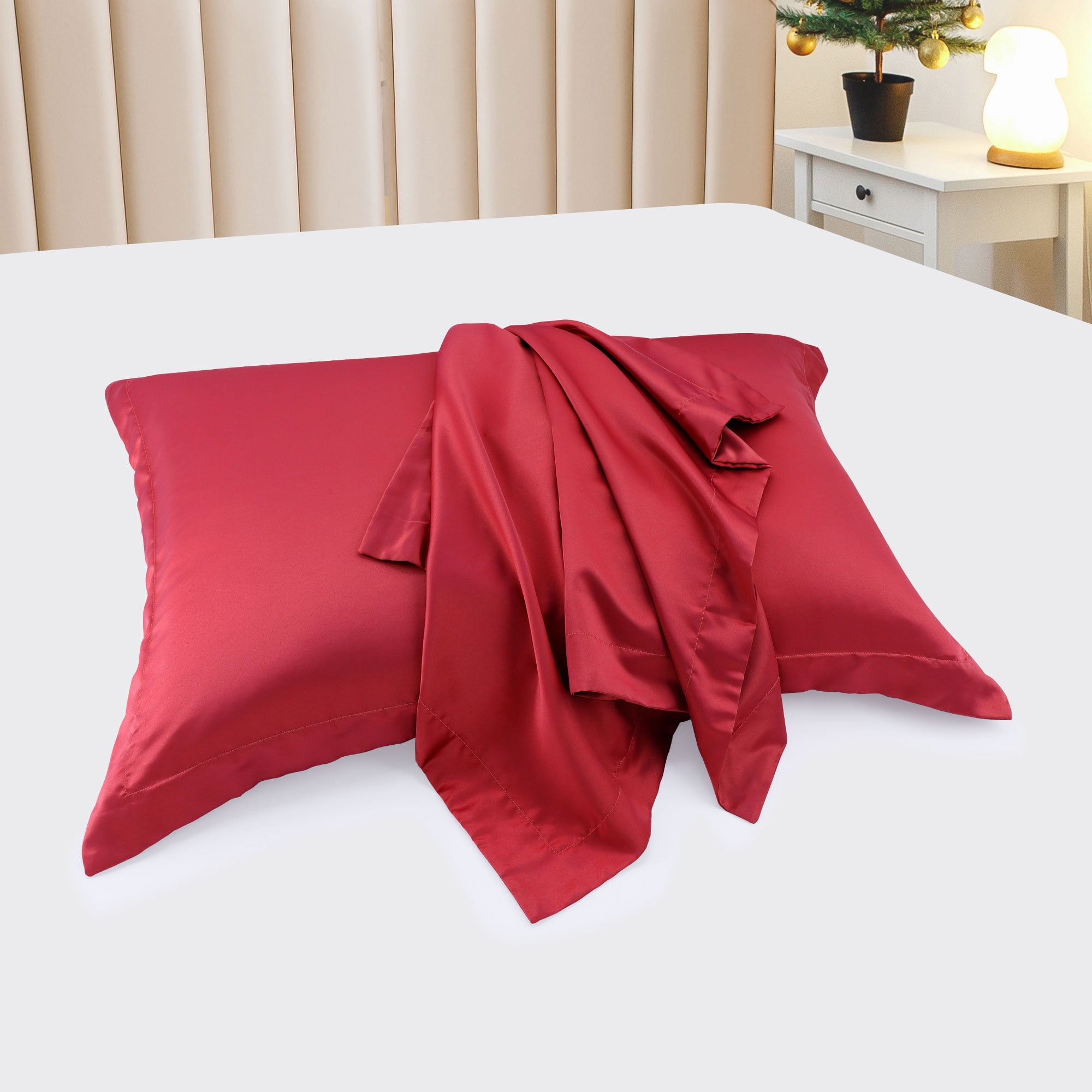 Unique Bargains 2-Pack Satin Pillow Shams Queen Size 20" x 30" Wine Red