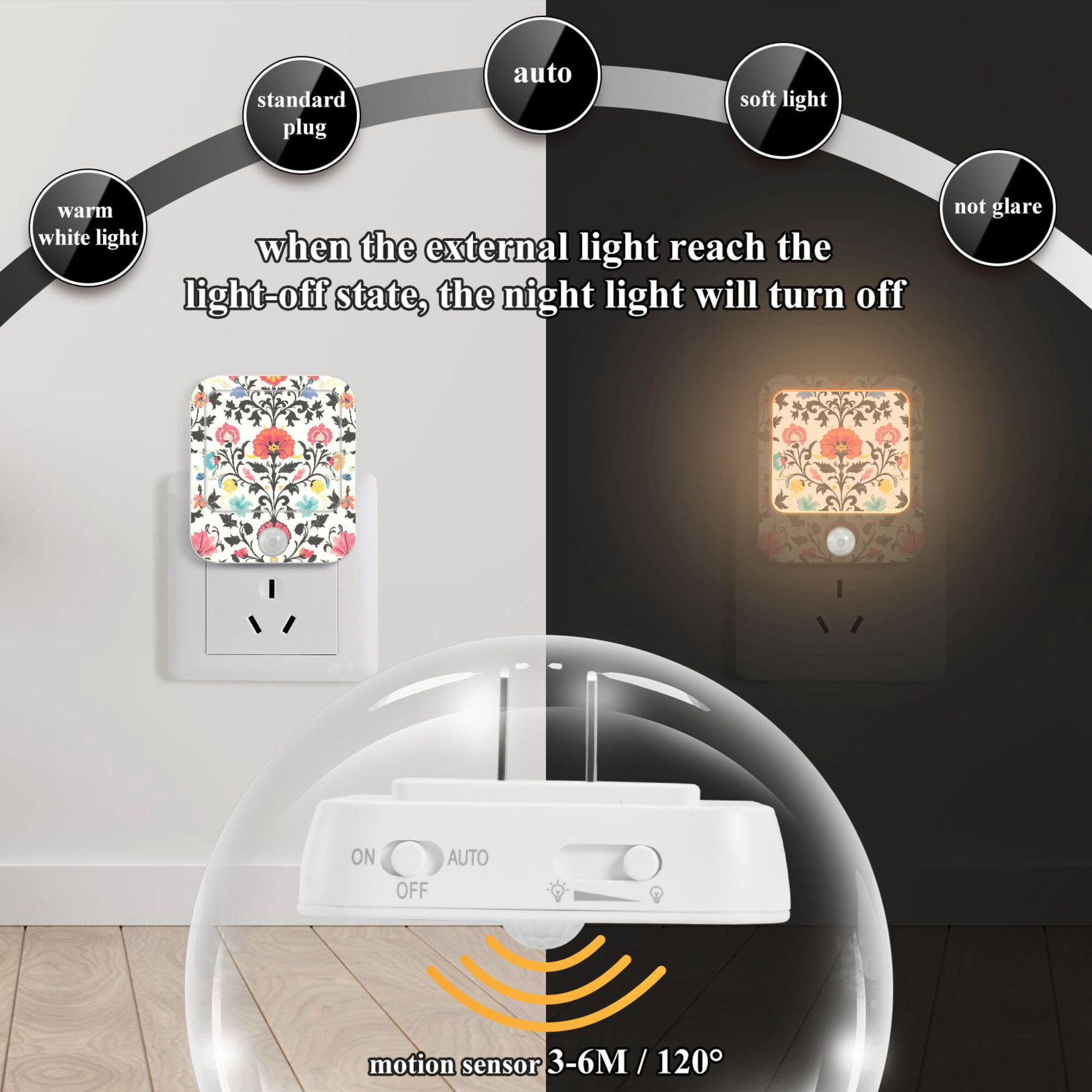 Yayeee LED Night Lights with Motion Detectors Auto Dusk to Dawn Light Sensors, 2 Pack, Beige Red Floral