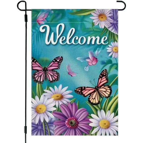 Welcome Spring Summer Garden Flags for Outside 12x18 Double Sided, Burlap Seasonal Butterfly Daisy Garden Flag Summer Outdoor Front Porch Decor, Small Decorative Yard Lawn Flags