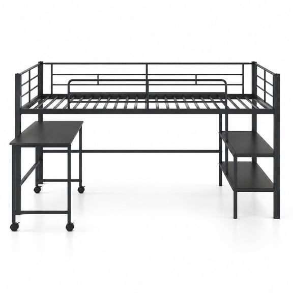 Airfind Twin Size Loft Bed with Rolling Desk and Bookshelf Platform Bed Frame, 250 lbs Capacity, Engineered Wood Metal Frame, Black