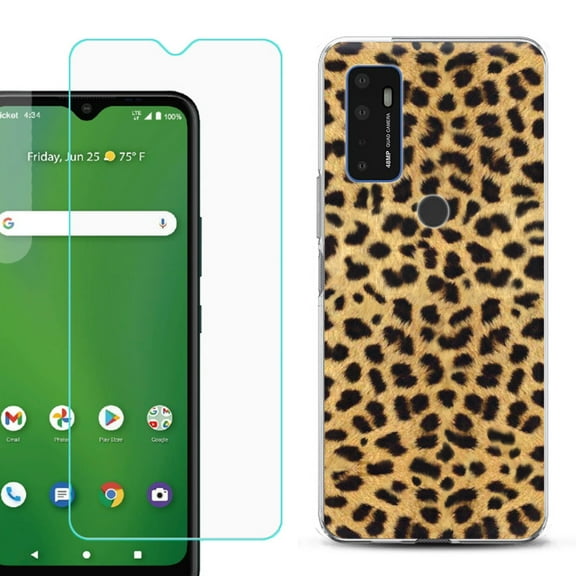 Slim-Fit Gel TPU Phone Case for Cricket Dream 5G, with Tempered Glass Screen Protector, by OneToughShield ® - Cheetah Gold/Black