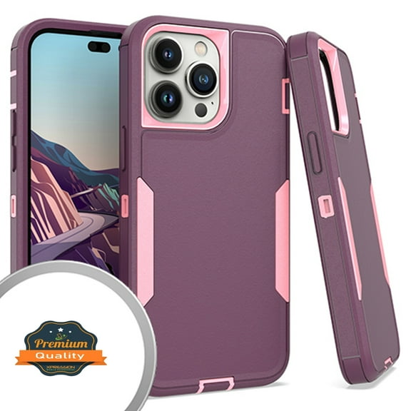 Xpression Cover for Apple iPhone 15 Pro (6.1") Hybrid Shockproof Silicone Rubber TPU   Hard PC Heavy Duty Three Layer Body Protection Phone Case - Purple Pink