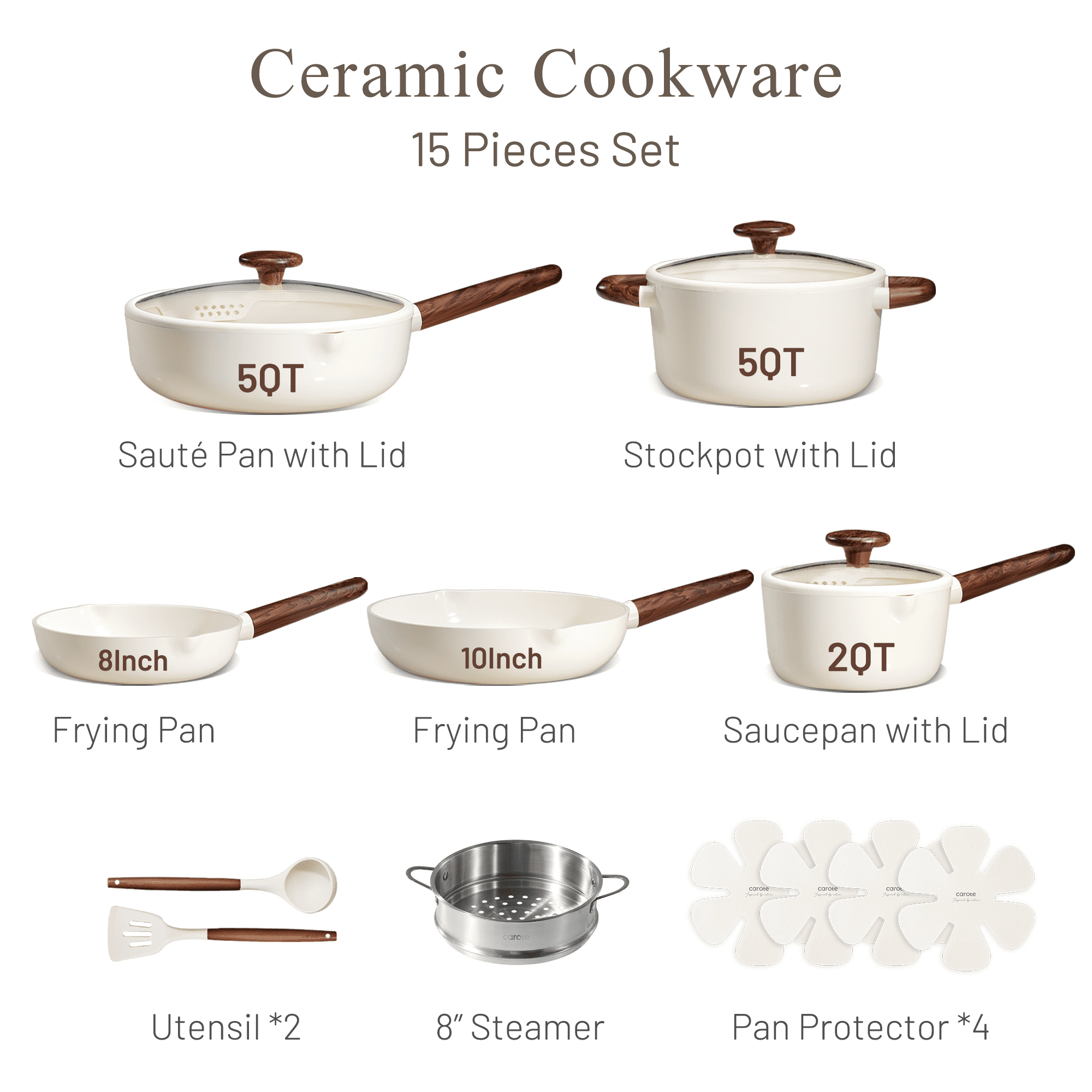 Carote 15-Piece Ceramic Cookware Set, Nonstick Pots and Pans with Steamer, Induction Compatible, White