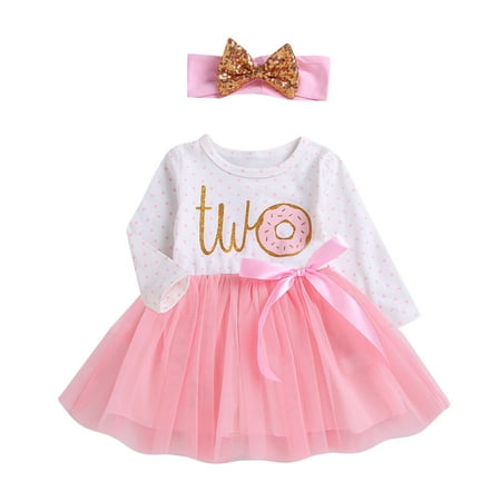 

Zlekejiko Toddler Baby Girls Long Sleeve Cute Cartoon Polka Dot Striped Patchwork Tulle Dress Princess Dress With Headbands Birthday Outfits Set 2PCS Clothes