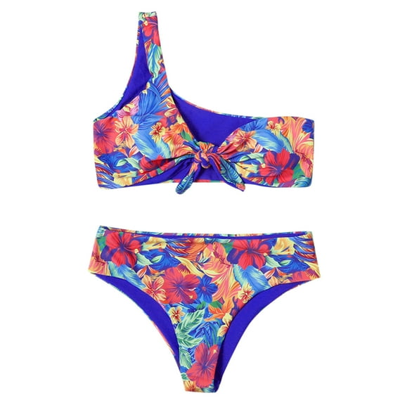 QLEICOM Womens Swimsuits Tummy Control Plus Size Swimsuit Coverup Split Swimsuit Shoulder Print Beach Bikini Suit Swimsuit Beachwear Blue M