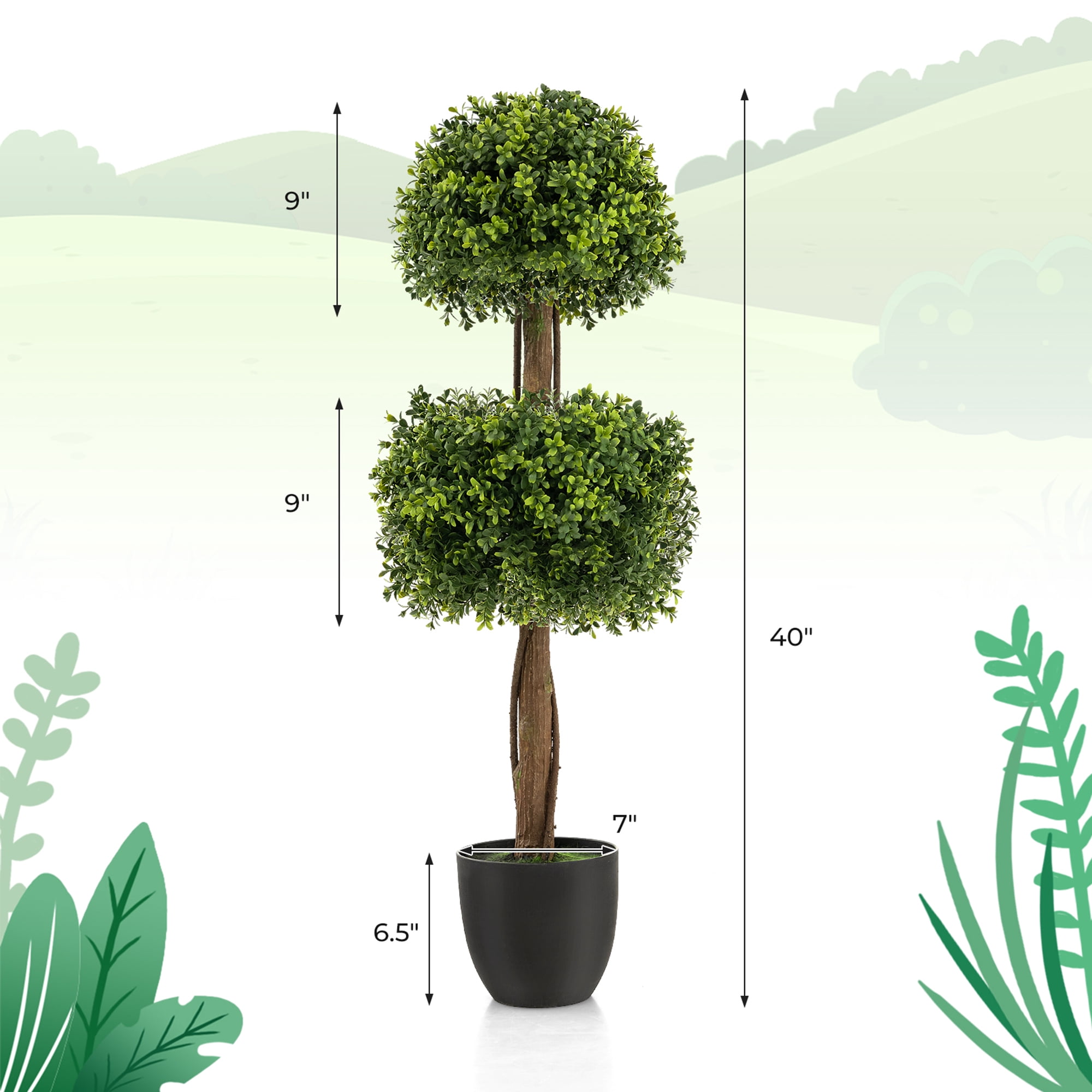 Gymax 40'' Artificial Boxwood Topiary Ball Tree Faux Plant Fake Plant for Decoration