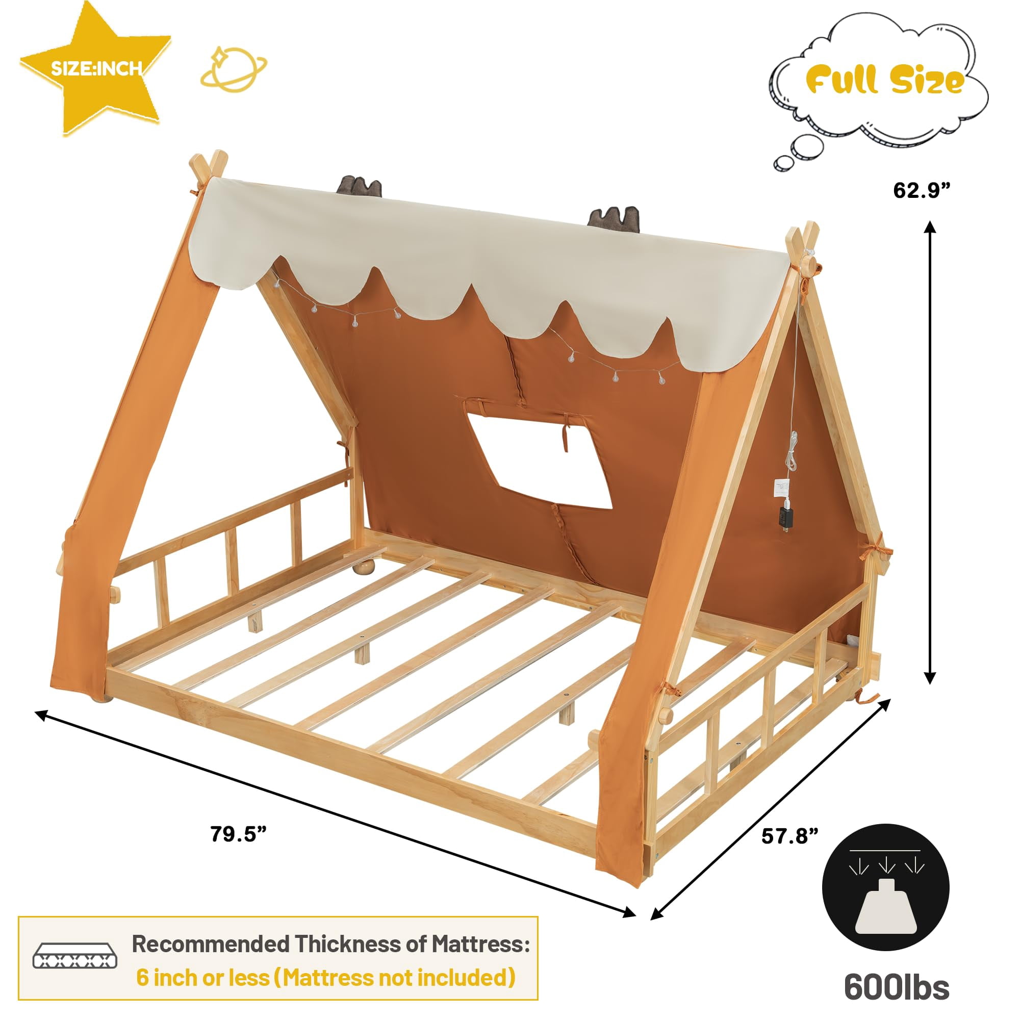Mirightone Full Floor Bed Frame with Light, Full House Bed with Tent, Floor Bed Full with Slats, Brown + Natural